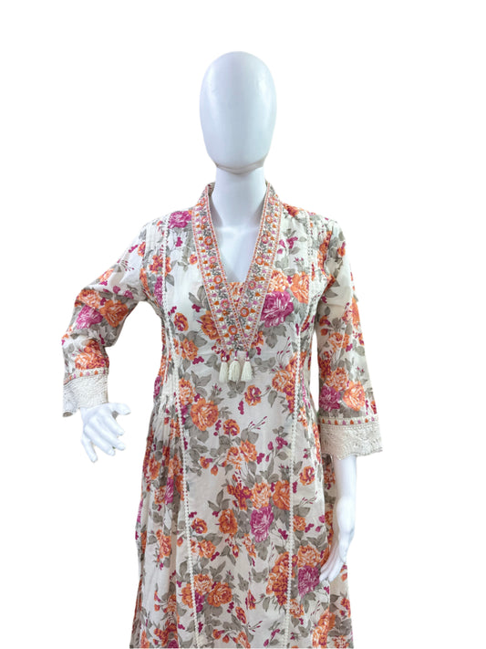 Premium Cotton 3-Piece Set - A-Line Floral Top with Lace on Yoke & Sleeves, Straight Pants & Floral Printed Dupatta - Orange & Pink