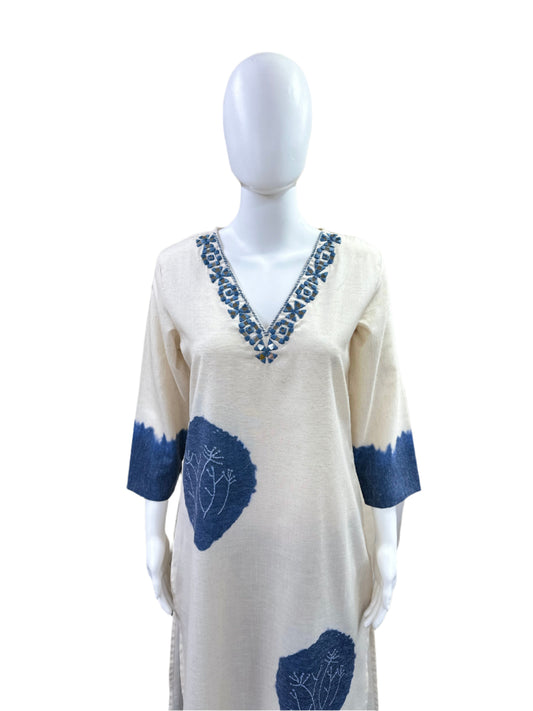 Premium Flex Cotton 3-Piece Set - Straight Top with Mirror Work on Yoke, Palazzo Pants & Printed Dupatta - Elegant Beige & Blue