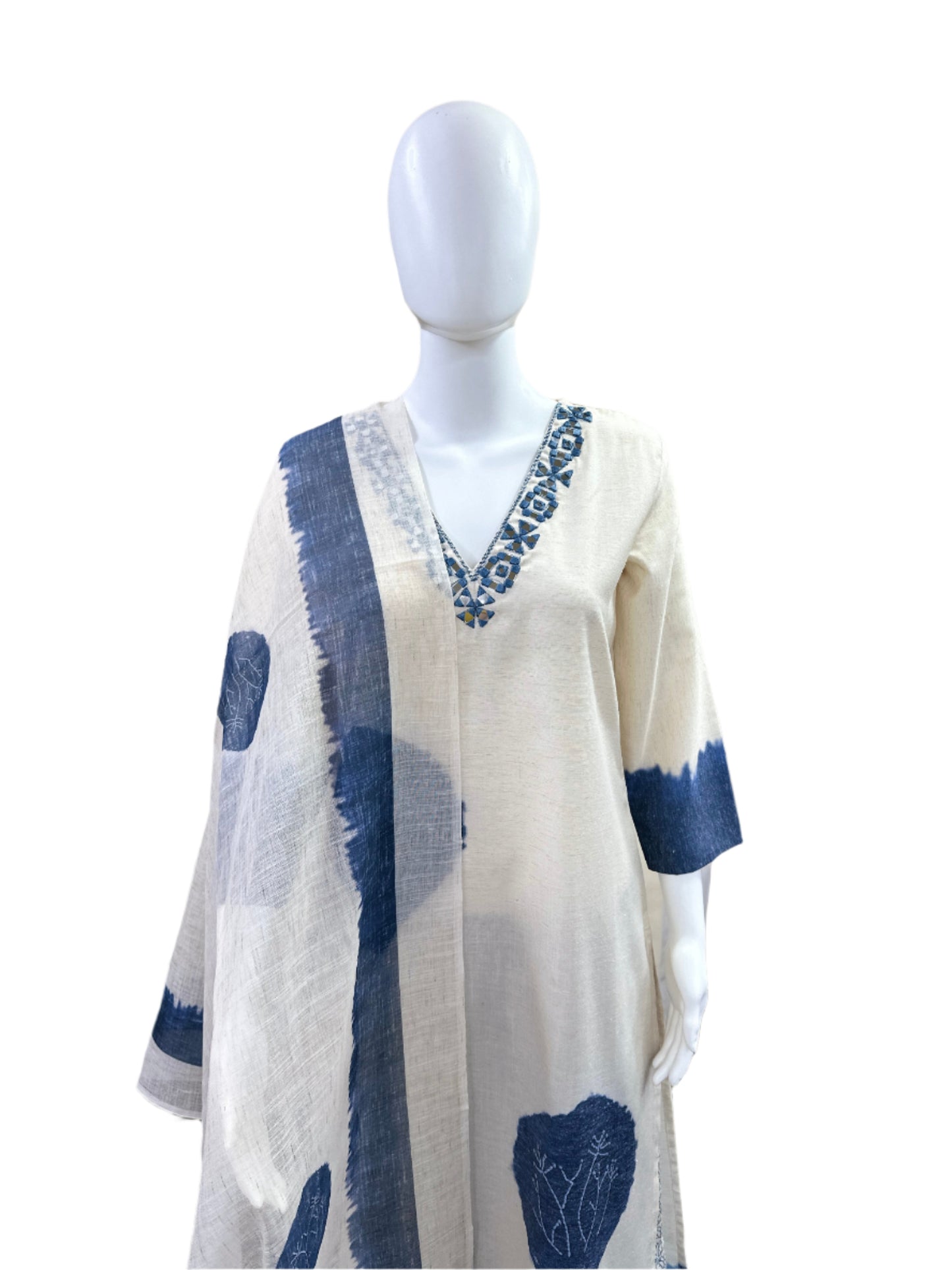 Premium Flex Cotton 3-Piece Set - Straight Top with Mirror Work on Yoke, Palazzo Pants & Printed Dupatta - Elegant Beige & Blue