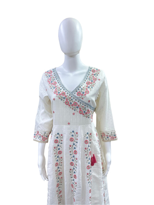 Premium Dobby Cotton 3-Piece Set - Angrakha Anarkali with Heavy Embroidery & Lace Work, Straight Pants & Mul Cotton Dupatta - Pure White