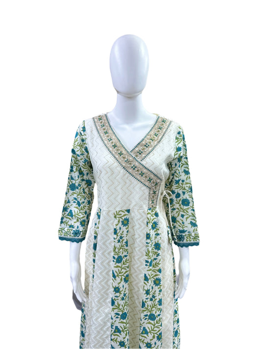 Cotton 3-Piece Set - Floral Angrakha Pattern Anarkali with Lace on Sleeves & Hemline, Straight Pants & Printed Dupatta - Serene Beige & Sea Green