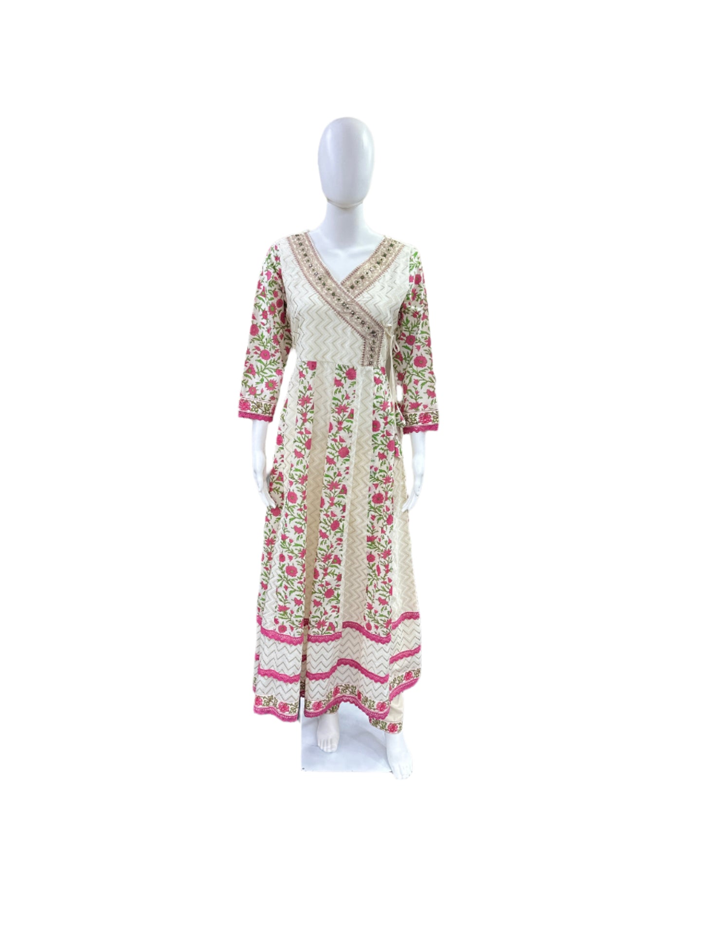 Premium Cotton 3-Piece Set - Floral Angarakha Pattern Anarkali with Lace on Sleeves & Hemline, Straight Pants & Printed Dupatta - Elegant Pink & Beige