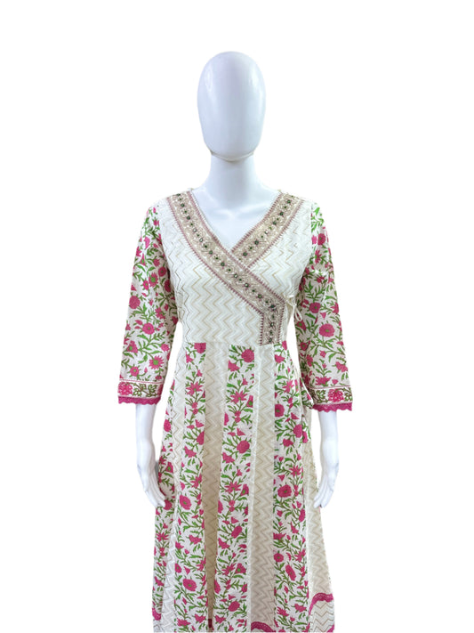 Premium Cotton 3-Piece Set - Floral Angarakha Pattern Anarkali with Lace on Sleeves & Hemline, Straight Pants & Printed Dupatta - Elegant Pink & Beige