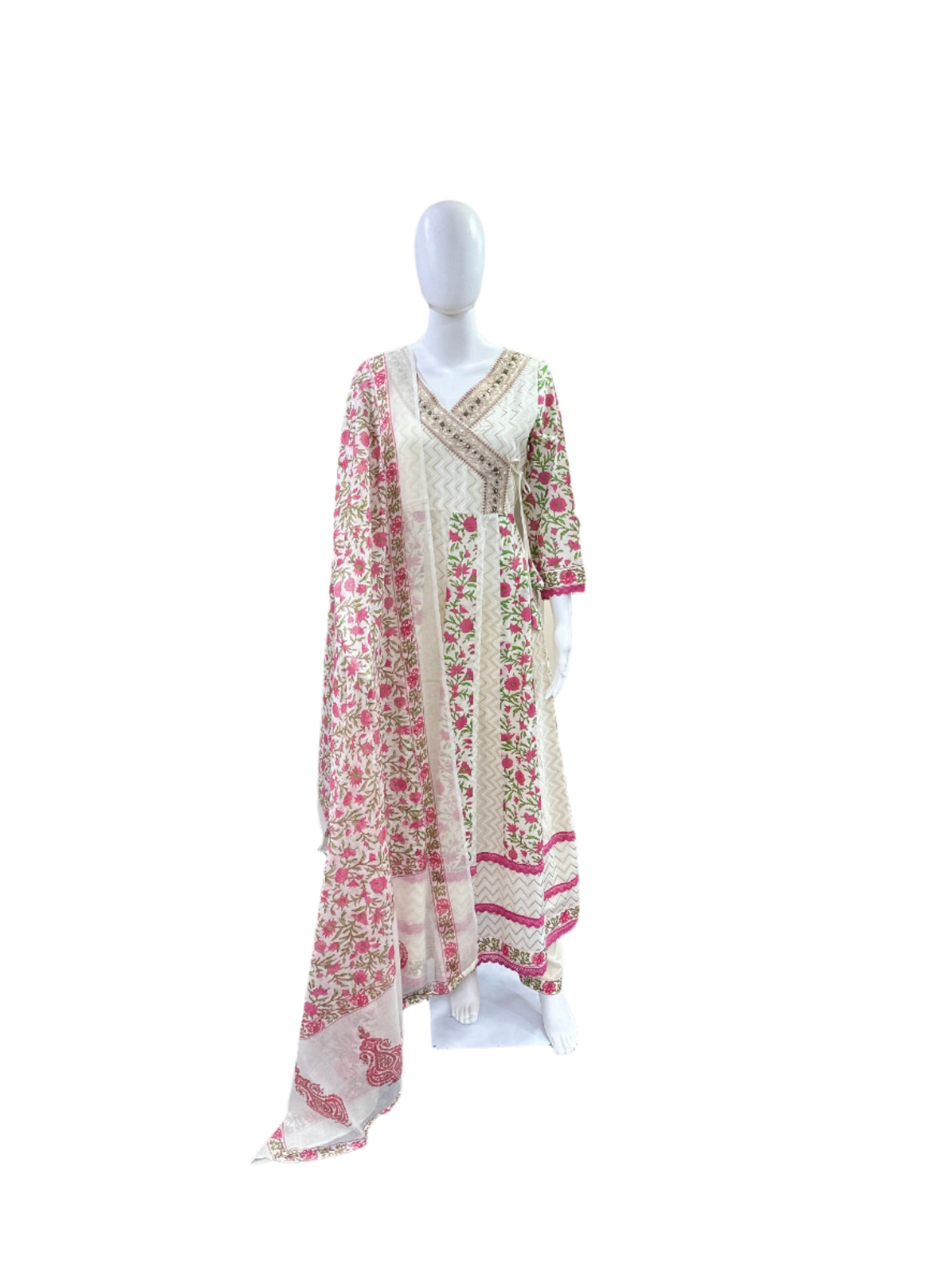 Premium Cotton 3-Piece Set - Floral Angarakha Pattern Anarkali with Lace on Sleeves & Hemline, Straight Pants & Printed Dupatta - Elegant Pink & Beige