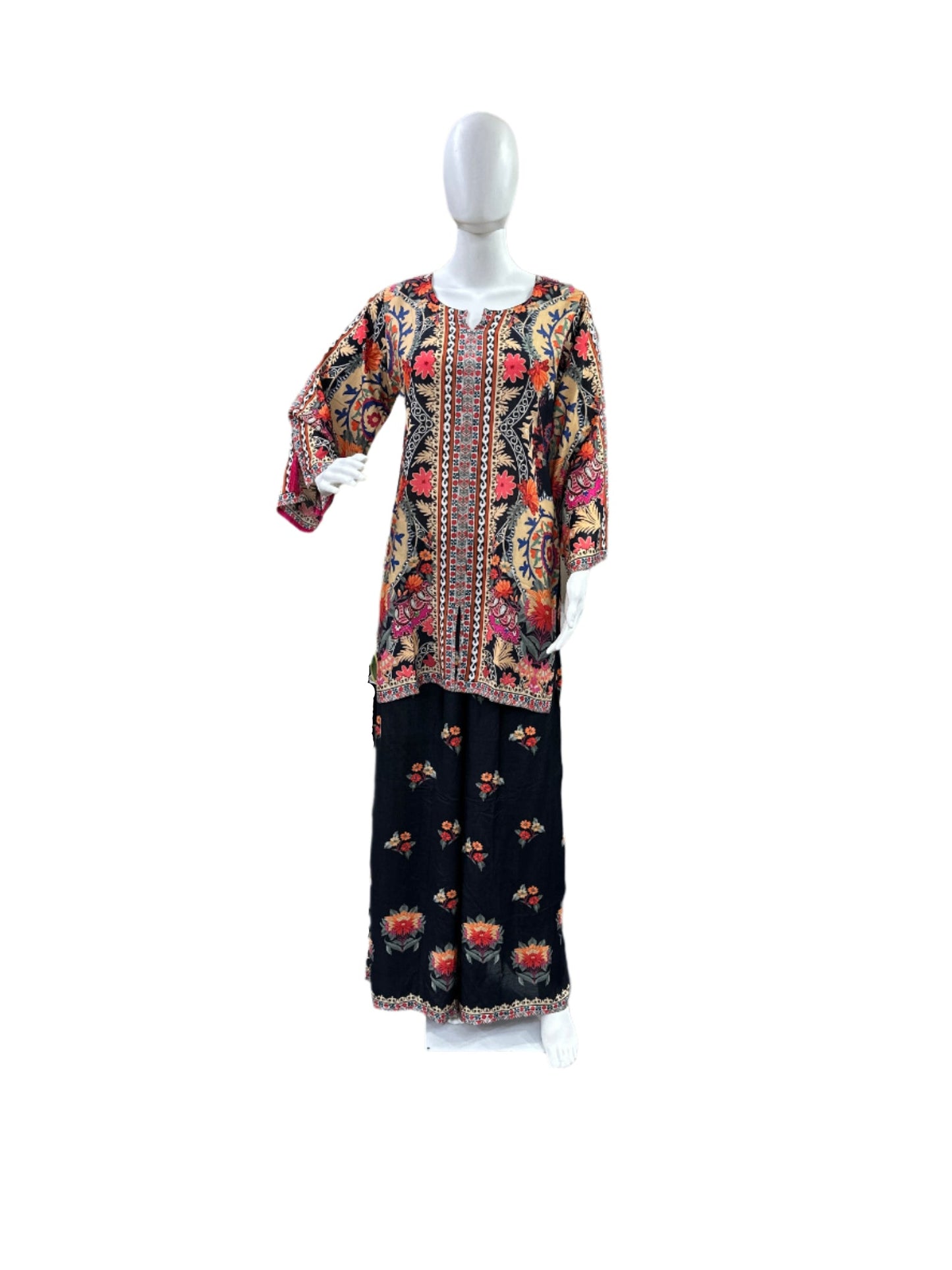 Muslin Co-Ord Set - Printed Top with Tassel Sleeves & Flowing Palazzo Pants - Sophisticated Black