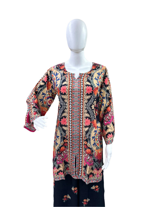 Muslin Co-Ord Set - Printed Top with Tassel Sleeves & Flowing Palazzo Pants - Sophisticated Black