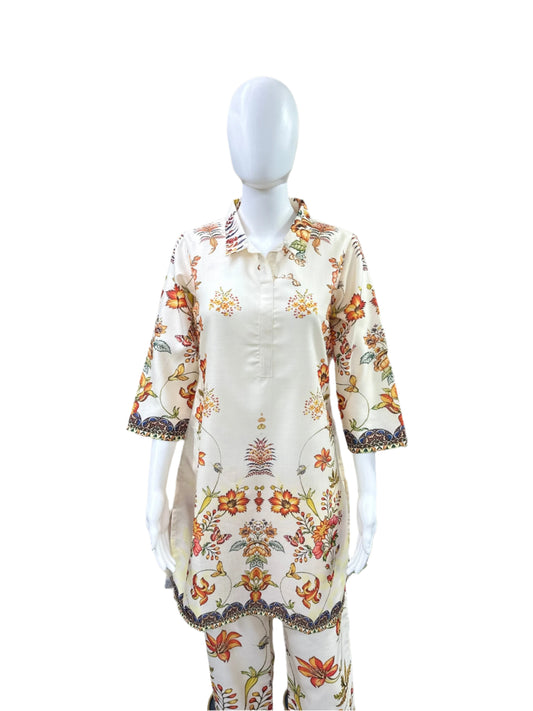 Cotton 2-Piece Co-Ord Set - Floral Top with Classic Collar & Flowing Palazzo Pants - Elegant Beige/Off White