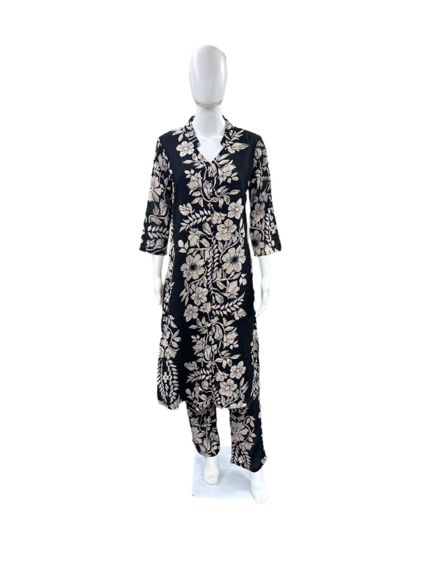 Textured Crush Cotton 2-Piece Ensemble - Romantic Floral A-Line Top with Classic Straight Pants in Sophisticated Black