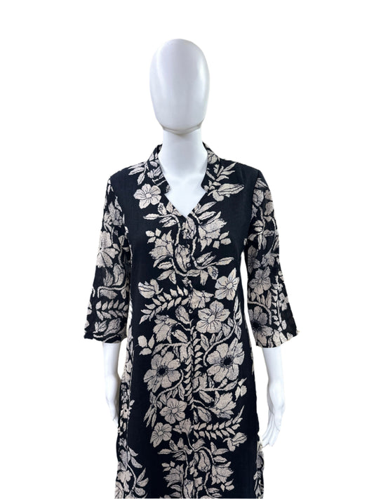 Textured Crush Cotton 2-Piece Ensemble - Romantic Floral A-Line Top with Classic Straight Pants in Sophisticated Black