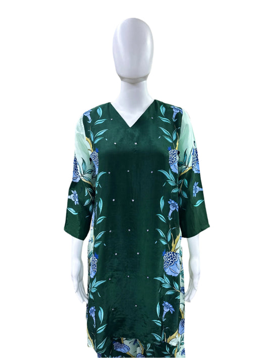 Premium Crepe Co-Ord Set - Floral Printed Top with Lining & Flowing Palazzo Pants - Rich Bottle Green