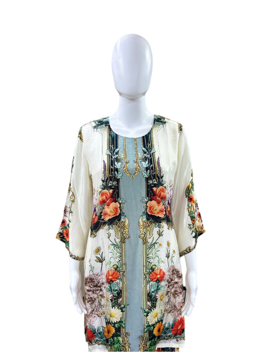 Premium Crepe Co-Ord Set - Floral Printed Top with Lining & Light Cutdana Work, Flowing Palazzo Pants - Sophisticated Off White & Grey