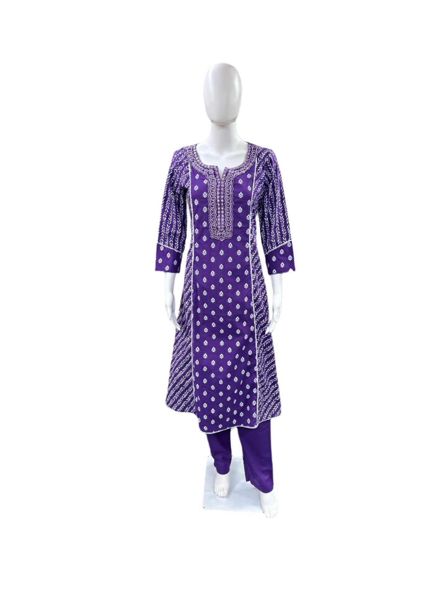 Premium Cotton 3-Piece Set - A-Line Top with Embroidered Neck & Lacework, Straight Pants & Printed Dupatta - Regal Purple