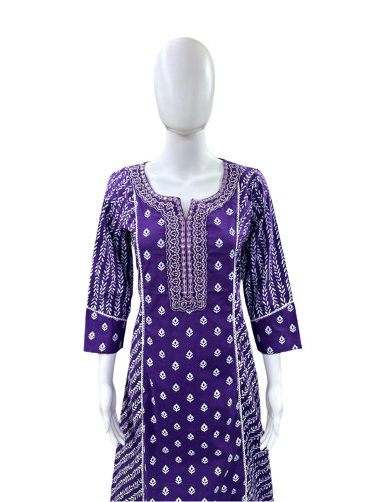 Premium Cotton 3-Piece Set - A-Line Top with Embroidered Neck & Lacework, Straight Pants & Printed Dupatta - Regal Purple