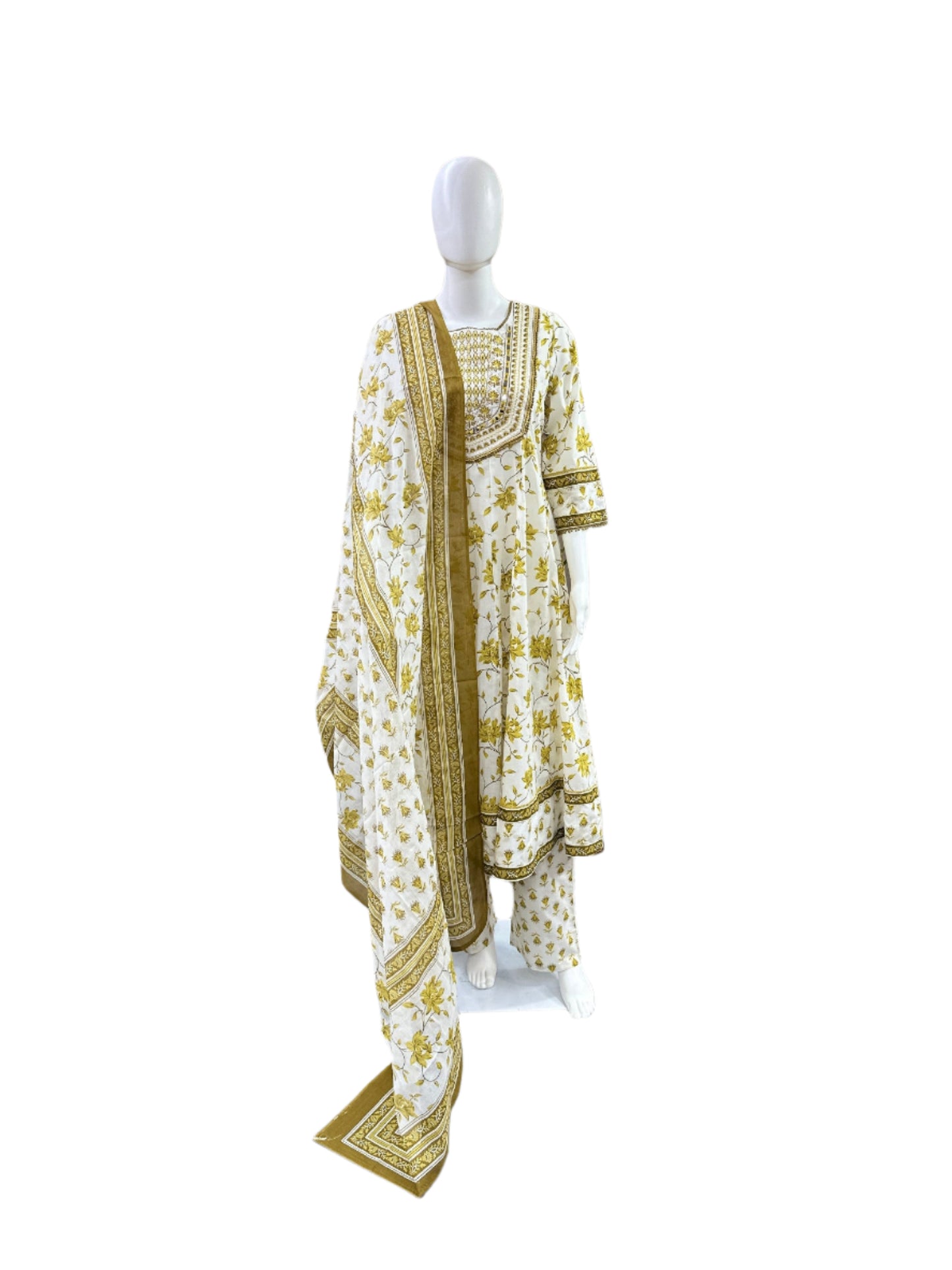 Cotton 3-Piece Set - Floral Anarkali Top with Thread Embroidery & Lace on Yoke & Sleeves, Straight Pants & Printed Floral Dupatta - Elegant White & Mustard