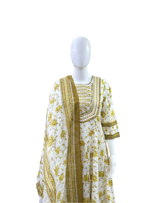 Cotton 3-Piece Set - Floral Anarkali Top with Thread Embroidery & Lace on Yoke & Sleeves, Straight Pants & Printed Floral Dupatta - Elegant White & Mustard