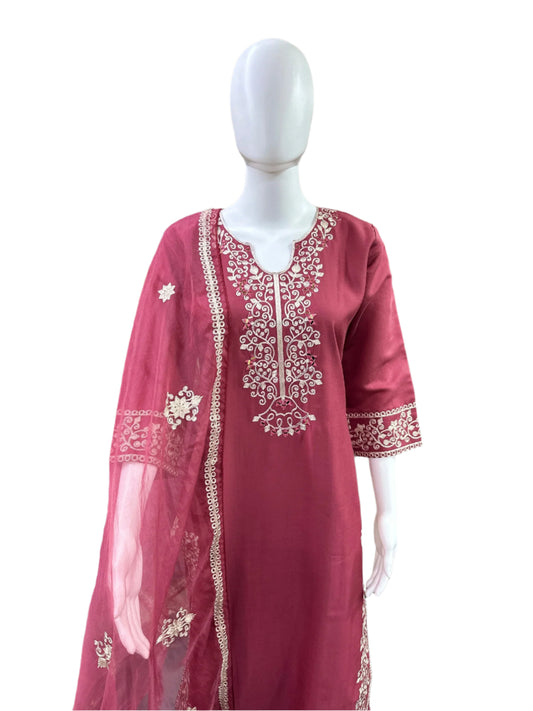 Premium Roman Silk 3-Piece Set - Straight Top (with Lining) with Mirror Work & Thread Embroidery on Yoke, Sleeves, Back & Hemline, Straight Pants & Thread Embroidered Dupatta - Elegant Mauve