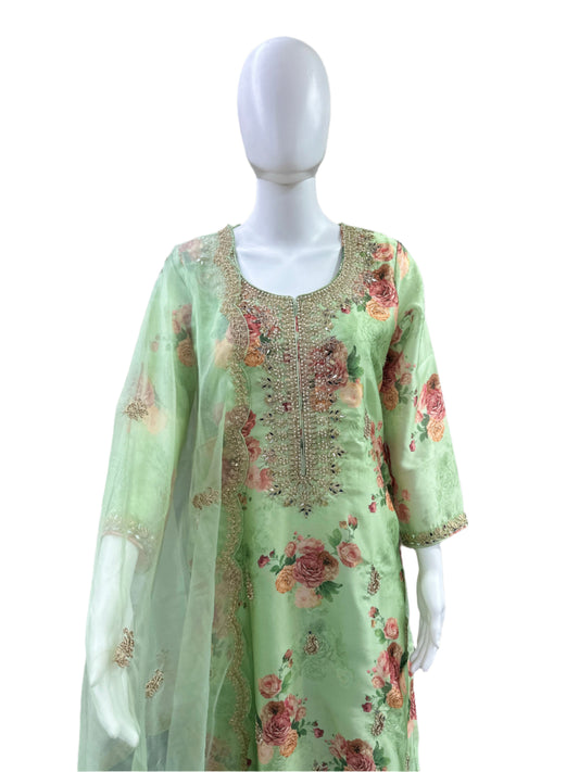 Premium Roman Silk 3-Piece Set - Floral Straight Top with Heavy Work on Yoke & Lining, Straight Pants & Heavy Dupatta - Fresh Pista