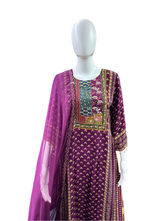 Premium Crepe 3-Piece Set - A-Line Top with Mirror Work on Yoke, Tassels on Sleeves & Hemline with Lining, Straight Pants & Dupatta - Regal Purple