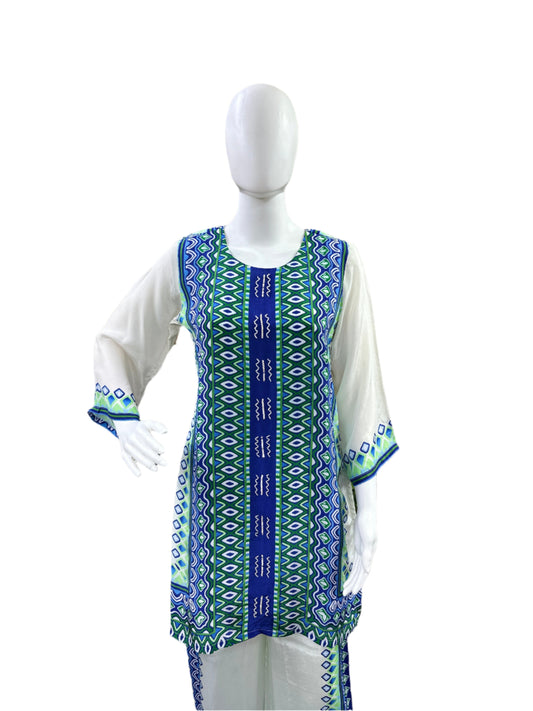 Crepe Co-Ord Set - Printed Top with Lining & Cutdana Work, Flowing Palazzo Pants - Elegant Off White & Blue