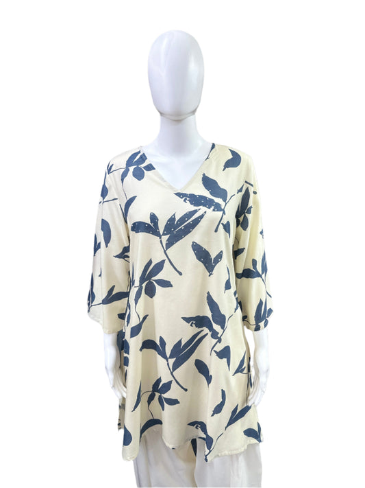 Cotton 2-Piece Set - Floral A-Line Short Top with Bell Sleeves & Traditional Farshi Salwar - Elegant Off White/Grey