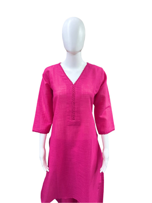 Slub Cotton 2-Piece Set - Apple Cut Top with Lace on Yoke & Traditional Afghani Salwar - Feminine Pink