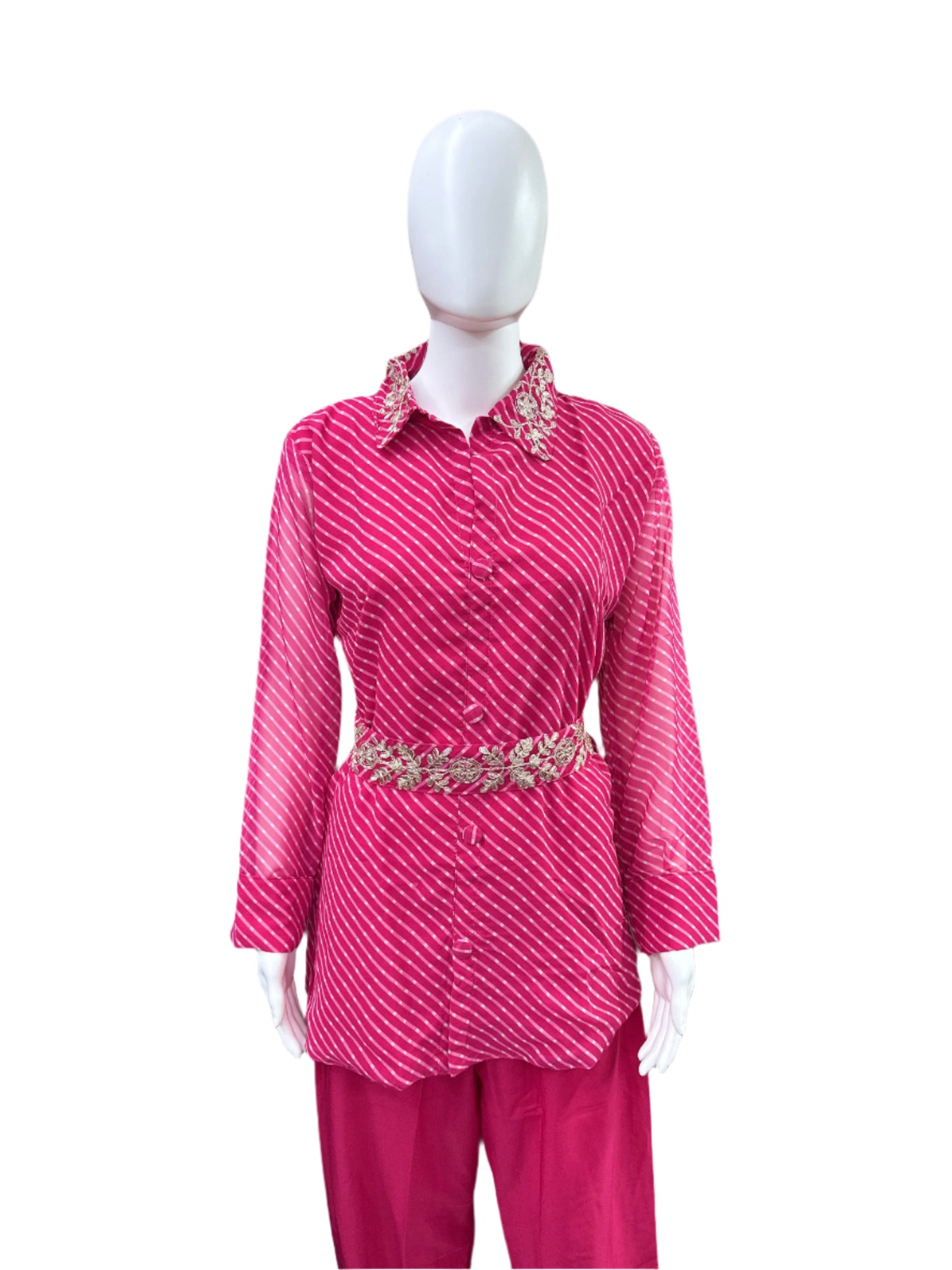 Georgette 2-Piece Set - Collar Top with Embroidery & Belt, Straight Pants - Elegant Pink