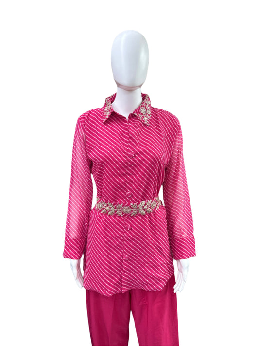 Georgette 2-Piece Set - Collar Top with Embroidery & Belt, Straight Pants - Elegant Pink