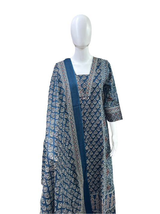 Cotton 3-Piece Set - Traditional Ajrakh Print A-Line Top, Palazzo Pants & Dupatta - Vibrant Blue