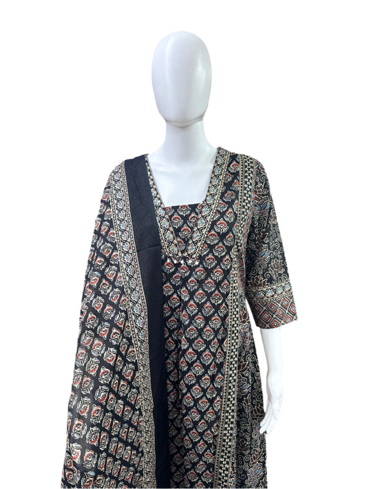 Cotton 3-Piece Set - Traditional Ajrakh Print A-Line Top, Palazzo Pants & Dupatta - Classic Black