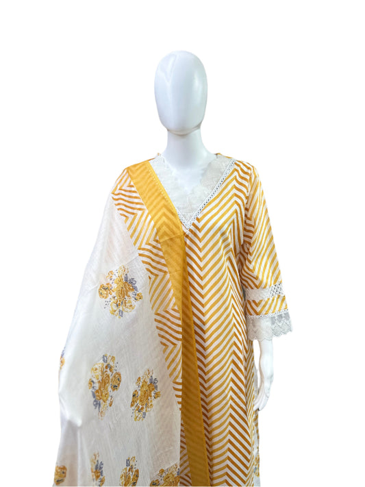 Cotton 3-Piece Set - Zig Zag Pattern Long Top with Lace on Yoke & Sleeves, Floral Straight Pants with Lace Bottom & Printed Dupatta - Sunny Yellow