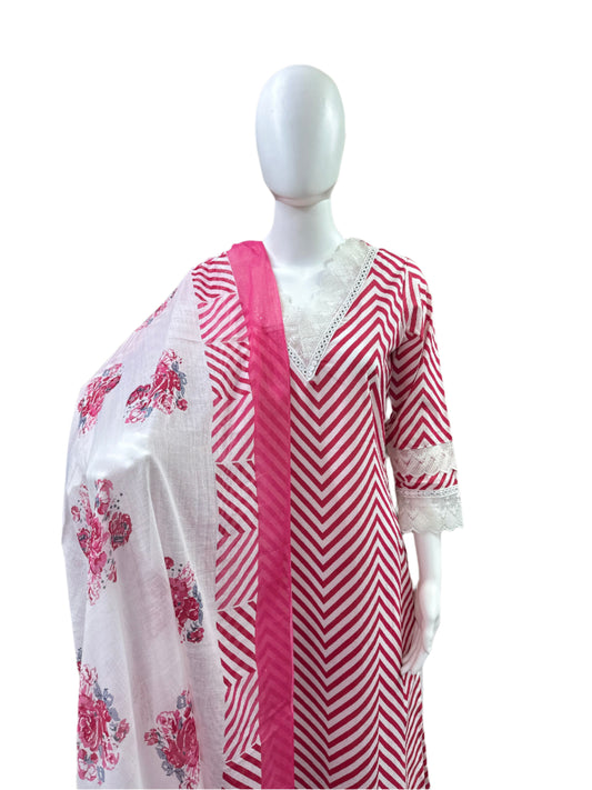 Cotton 3-Piece Set - Zig Zag Pattern Long Top with Lace on Yoke & Sleeves, Floral Straight Pants with Lace Bottom & Printed Dupatta - Feminine Pink
