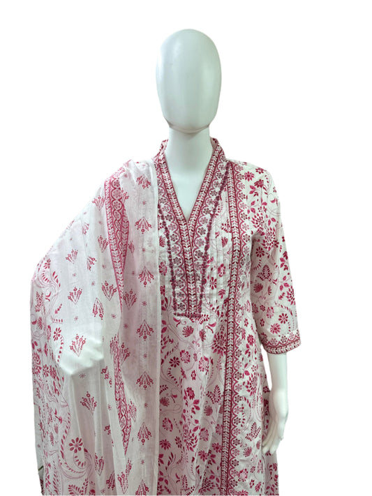 Cotton 3-Piece Set - Floral A-Line Top with Mirror Work on Yoke, Flowing Divider & Mul Dupatta - Elegant Pink & White