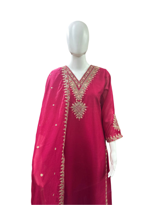 Chinnon 3-Piece Set with Potli - Straight Top with Heavy Thread Embroidery & Sequence Work on Yoke, Back & Lacework on Hemline with Lining, Straight Pants with Lining & Heavy Embroidered Dupatta - Vibrant Magenta Pink
