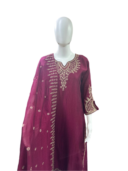 Chinnon 3-Piece Set - Straight Top with Heavy Thread Embroidery & Sequence Work on Yoke, Back & Lacework on Hemline with Lining, Straight Pants with Lining & Heavy Embroidered Dupatta - Rich Wine