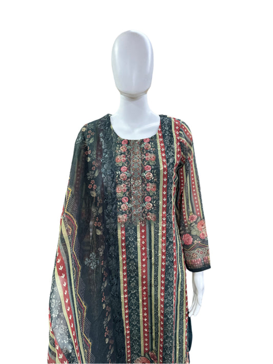 Muslin 3-Piece Set - Floral Thread Embroidery Straight Top with Lining, Straight Pants & Printed Dupatta with Cutwork - Rich Bottle Green