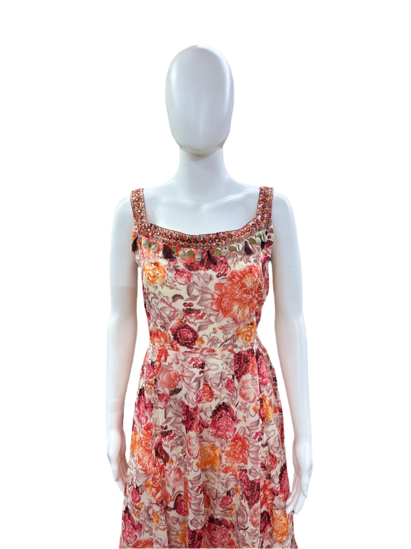 Cotton 3-Piece Set - Floral Sleeveless Round Top with Lining, Straight Pants & Dual Shade Kota Doria Dupatta - Elegant Beige/Pink