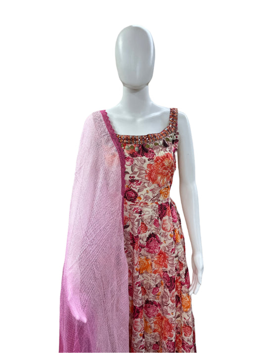 Cotton 3-Piece Set - Floral Sleeveless Round Top with Lining, Straight Pants & Dual Shade Kota Doria Dupatta - Elegant Beige/Pink