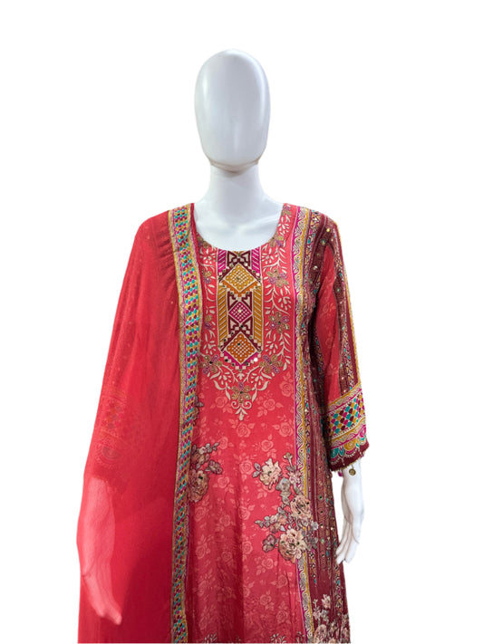 Pure Crepe 3-Piece Set - A-Line Kurta with Mul Cotton Lining, Palazzo & Dupatta with Border - Vibrant Orange