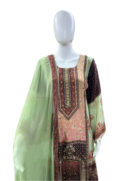 Pure Crepe 3-Piece Set - A-Line Kurta with Mul Cotton Lining, Palazzo & Dupatta with Border - Natural Light Green & Brown