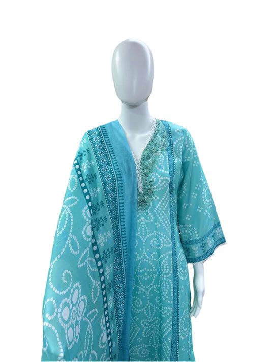 Cotton 3-Piece Set - Bandhej Pattern Straight Top with Bell Sleeves & Lacework on Yoke & Hemline, Palazzo Pants & Dupatta with Cutwork - Serene Sea Blue