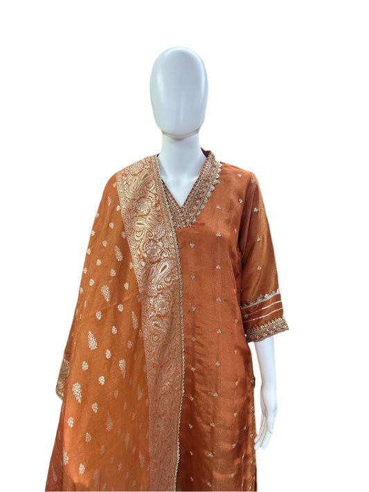 Shimmer Silk 3-Piece Set - A-Line Straight Top with Heavy Lacework on Yoke, Straight Pants & Jacquard Dupatta - Warm Rust