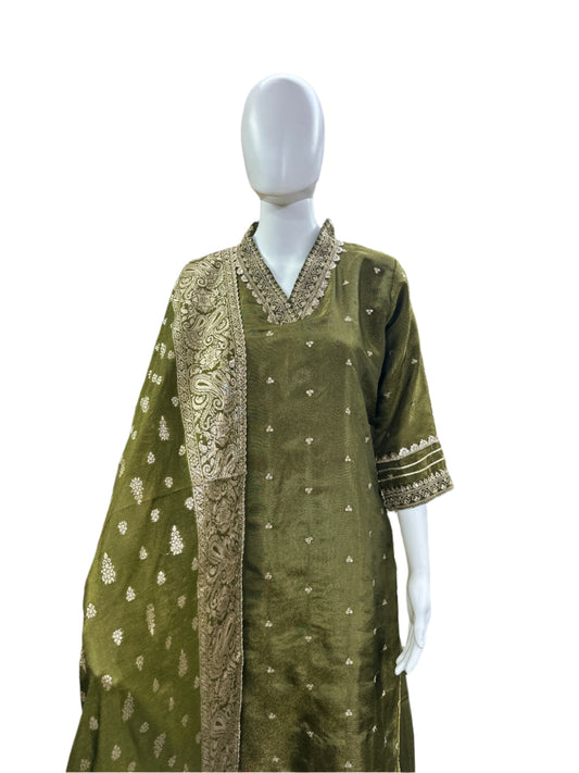 Shimmer Silk 3-Piece Set - A-Line Straight Top with Heavy Lacework on Yoke, Straight Pants & Jacquard Dupatta - Luxurious Dark Green