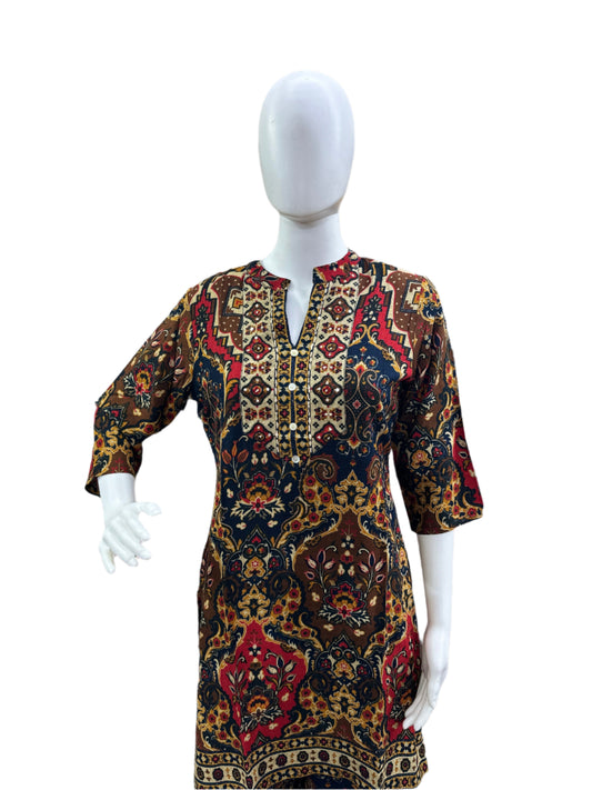 Premium Rayon Co-Ord Set - Traditional Kantha Work on Yoke & Flowing Palazzo - Vibrant Multi-Color