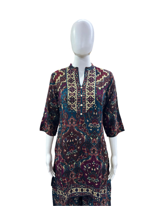 Premium Rayon Co-Ord Set - Traditional Kantha Work on Yoke & Flowing Palazzo - Vibrant Multi-Color