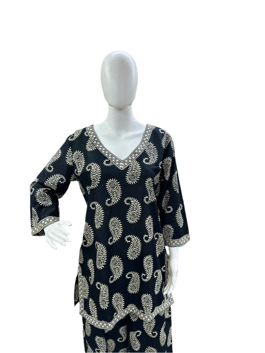 Cotton - V Neck short Co-Ord Set - Black