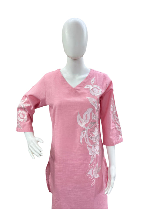 Cotton - Co-Ord Set with Embroidery - Pink