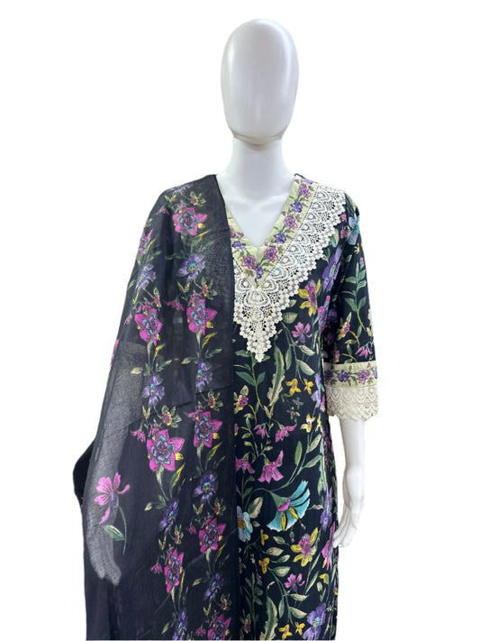 Cotton 3-Piece Floral Print Top Lace Yoke Pants - Black