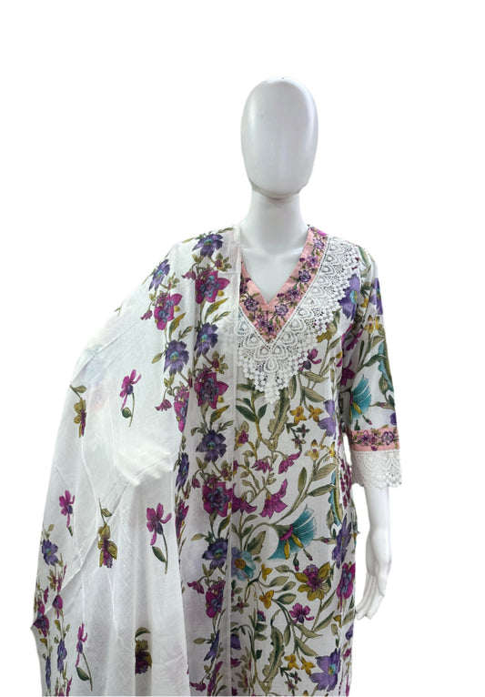 Cotton 3-Piece Floral Print Top Lace Yoke Pants - White