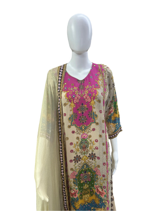 Luxurious Crepe 3-Piece Ensemble - Elegant A-Line Top with Mirror Work & Tassels in Sophisticated Beige