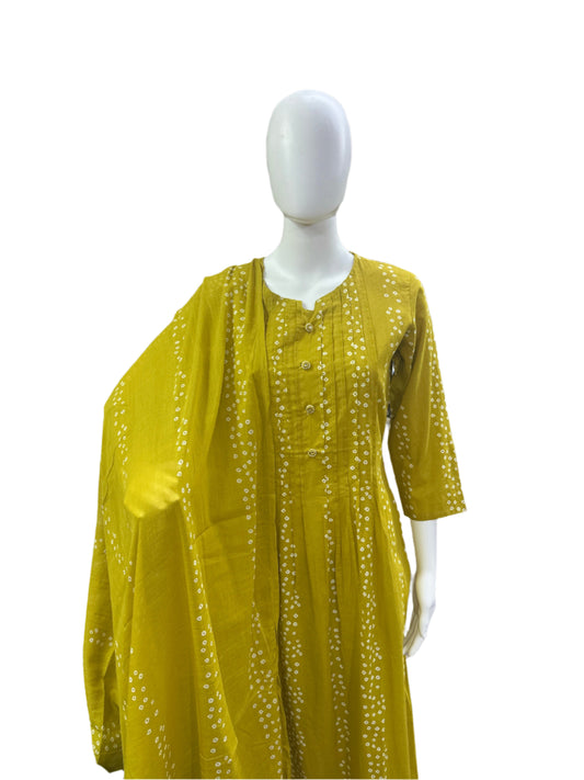 Cotton - 3 piece set - Straight top with Pintex on yoke and buttons, straight pants and Mul dupatta - Lemon